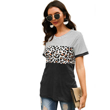 Load image into Gallery viewer, New round neck striped leopard stitching short sleeve T-shirt
