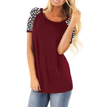 Load image into Gallery viewer, Women&#39;s round neck leopard stitching short-sleeved T-shirt
