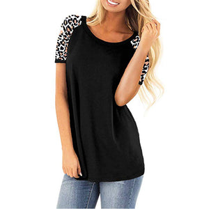 Women's round neck leopard stitching short-sleeved T-shirt