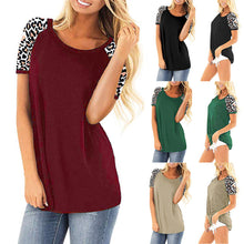 Load image into Gallery viewer, Women&#39;s round neck leopard stitching short-sleeved T-shirt
