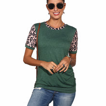 Load image into Gallery viewer, Short-sleeved round neck T-shirt, leopard-print stitching button Top
