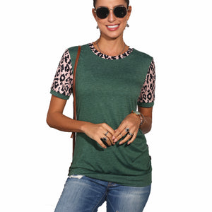 Short-sleeved round neck T-shirt, leopard-print stitching button Top