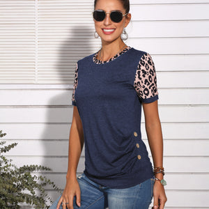 Short-sleeved round neck T-shirt, leopard-print stitching button Top