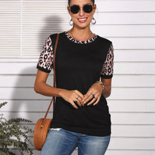 Load image into Gallery viewer, Short-sleeved round neck T-shirt, leopard-print stitching button Top
