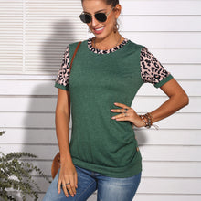 Load image into Gallery viewer, Short-sleeved round neck T-shirt, leopard-print stitching button Top
