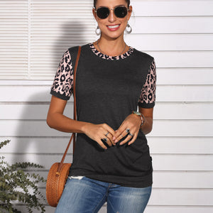 Short-sleeved round neck T-shirt, leopard-print stitching button Top