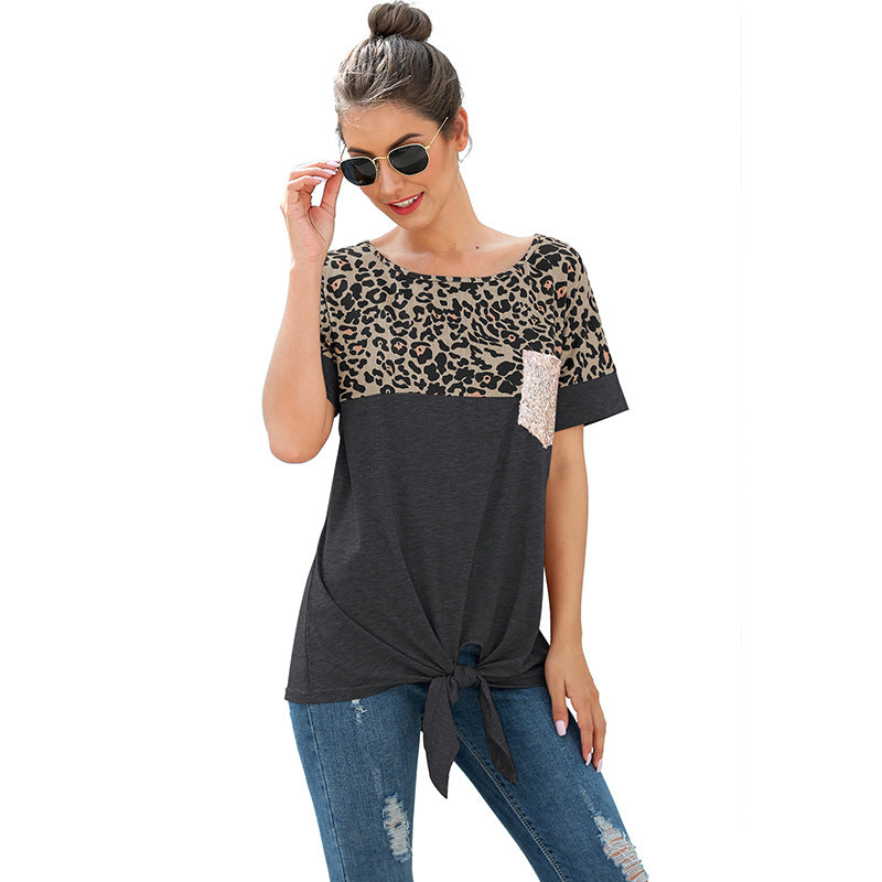 Leopard print sequin pocket loose knotted T-shirt