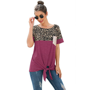 Leopard print sequin pocket loose knotted T-shirt