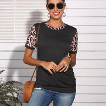 Load image into Gallery viewer, Short-sleeved round neck T-shirt, leopard-print stitching button Top
