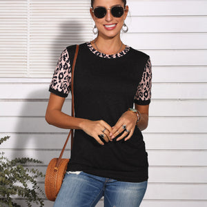 Short-sleeved round neck T-shirt, leopard-print stitching button Top