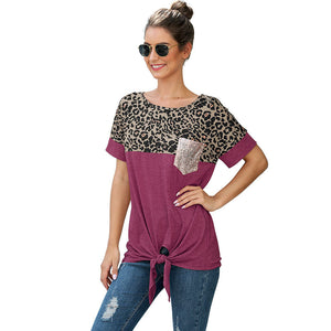 Leopard print sequin pocket loose knotted T-shirt