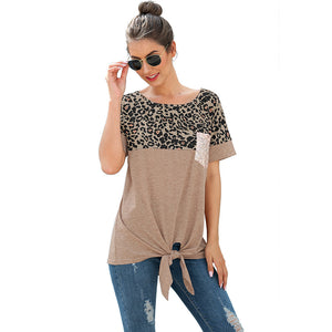 Leopard print sequin pocket loose knotted T-shirt