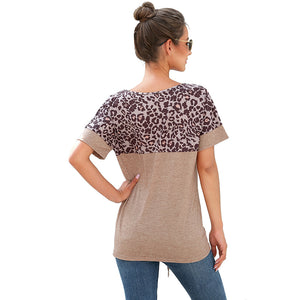 Leopard print sequin pocket loose knotted T-shirt