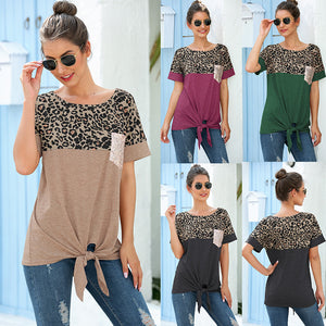 Leopard print sequin pocket loose knotted T-shirt