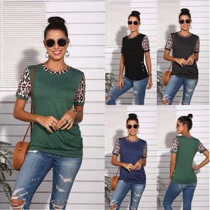 Short-sleeved round neck T-shirt, leopard-print stitching button Top