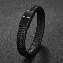 Load image into Gallery viewer, Popular men&#39;s magnetic buckle leather Bracelet, leather braided stainless steel leather Bracelet
