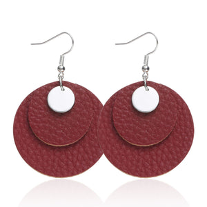 Leather pendant Earrings, round metal Earrings