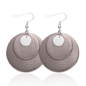 Leather pendant Earrings, round metal Earrings