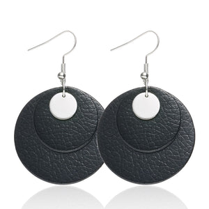 Leather pendant Earrings, round metal Earrings