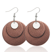 Load image into Gallery viewer, Leather pendant Earrings, round metal Earrings
