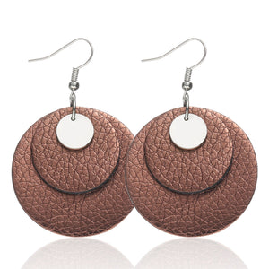 Leather pendant Earrings, round metal Earrings