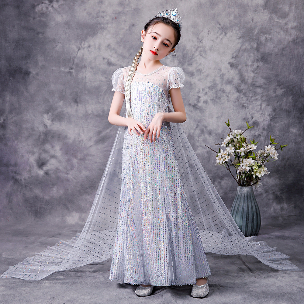 Frozen 2 Princess Elsa Dress, Dress girls sequined mesh skirt cloak detachable