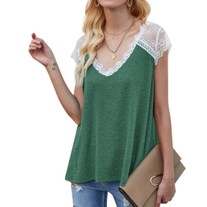 Short sleeve eyelash lace top, loose tank T-shirt