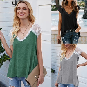 Short sleeve eyelash lace top, loose tank T-shirt