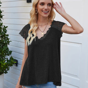 Short sleeve eyelash lace top, loose tank T-shirt