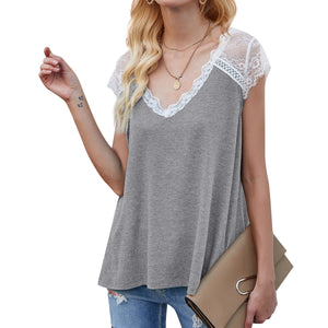 Short sleeve eyelash lace top, loose tank T-shirt