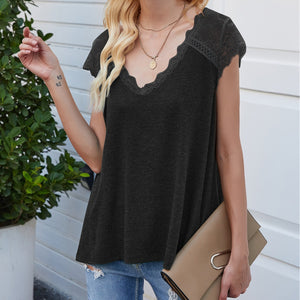 Short sleeve eyelash lace top, loose tank T-shirt