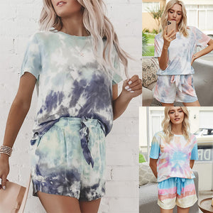 Printed tie-dye Pajamas, short sleeve gradient color drawstring Suit