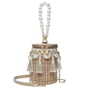 Fashion tassel shoulder messenger Bag, pearl Handbag bucket Bag