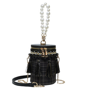 Fashion tassel shoulder messenger Bag, pearl Handbag bucket Bag