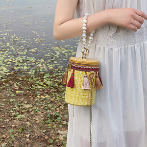 Fashion tassel shoulder messenger Bag, pearl Handbag bucket Bag