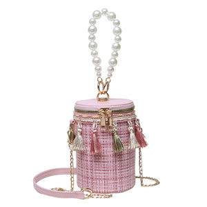 Fashion tassel shoulder messenger Bag, pearl Handbag bucket Bag