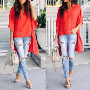 Simple fashion V-neck loose shoulder sleeve Top