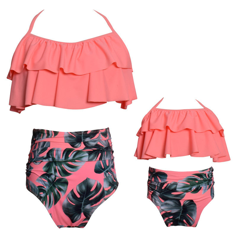 Printed high waist bikini ruffled mother and daughter swimsuit