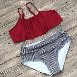 High-waist striped bikini Swimsuit, ruffled Swimsuit