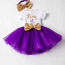 Load image into Gallery viewer, Children&#39;s English printed tutu Skirt, 3-piece headdress birthday Suit
