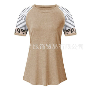 Leopard Stripe Round Neck Short Sleeve Contrast Top T-shirt