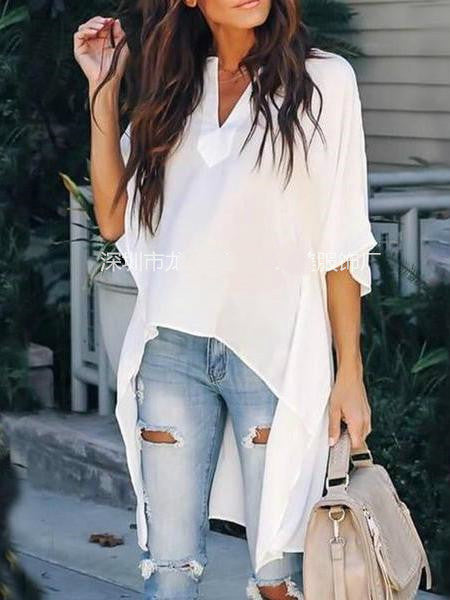 Simple fashion V-neck loose shoulder sleeve Top