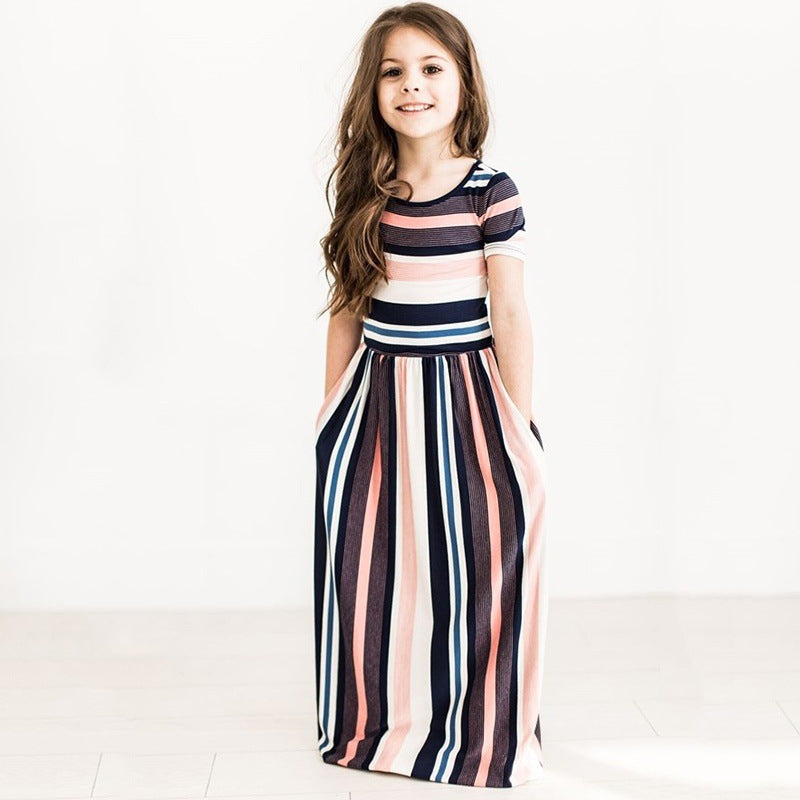 Children's colorful striped printed round neck short sleeve Dress