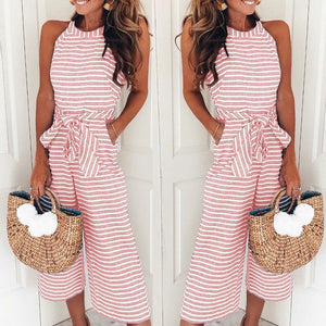 Fashion slim fit sexy striped round neck jumpsuit