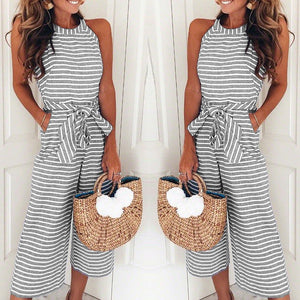 Fashion slim fit sexy striped round neck jumpsuit