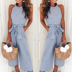 Fashion slim fit sexy striped round neck jumpsuit