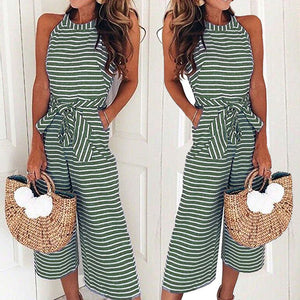 Fashion slim fit sexy striped round neck jumpsuit