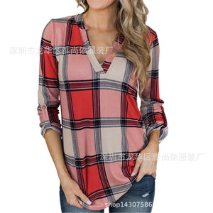 V-neck plaid printed casual Blouse