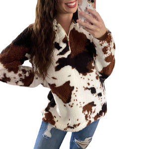 Fashion plush cow print zipper Lady Sweater Coat