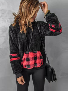 Plush hooded women's plaid sweater